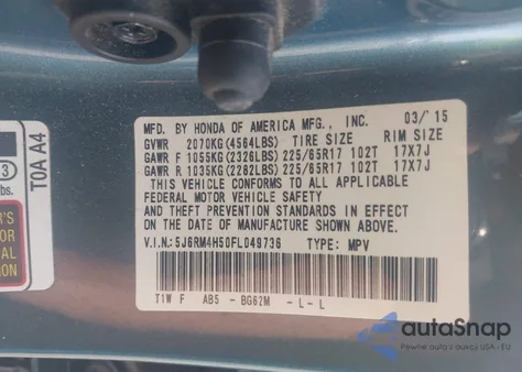 2015 Honda Cr-V Ex z USA, uszkodzony, nr VIN 5J6RM4H50FL049736